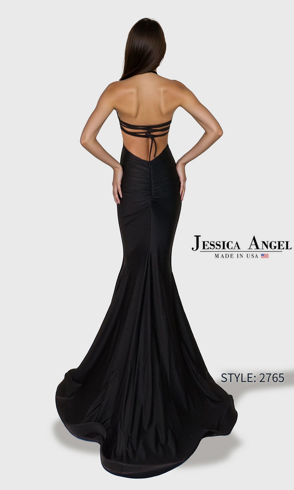 A woman models the Long Prom Dress: Jessica Angel 2765, featuring a halter stretch-satin mermaid silhouette, posing with her back to the camera. Text reads